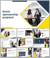 Slide deck with a geometric design in blue, yellow, and white, showcasing event sponsorship proposal content.