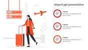 Illustration of a woman with a suitcase at the airport, a departing plane, and three captions, all in red accents.