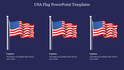 Three American flags on flagpoles waving against a dark blue background with three placeholder text below.