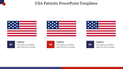 Three U.S. flags in a row with numbered captions in red, and blue boxes below each, set on a white background.