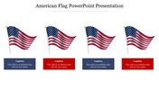 Four illustrations of the American flag in a  slide with color coded caption boxes below each flag in a white background.