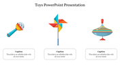 Three colorful toy illustrations, a rattle, a pinwheel, and a spinning top, each above a caption box.