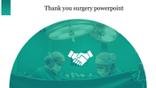 Surgery-themed thank you slide with surgeons working under operating lights and a handshake icon in the center.