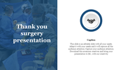 Blurred scene of a surgical team with thank you text, and a handshake icon with caption on the right.