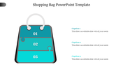 PowerPoint slide with a shopping bag, featuring three sections labeled for content input on a blue theme.