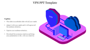 Isometric illustration with a VPN shield connected to a computer and cloud over a purple platform, with text on the left.