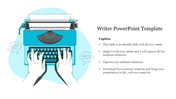 Hands typing on a blue typewriter with speech bubbles on both sides and text layout on the right side.