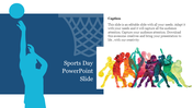 Sports day slide featuring a basketball player shooting and colorful silhouettes of athletes engaging in various sports.