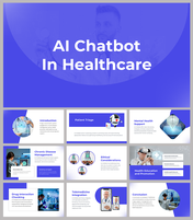 AI chatbot in healthcare slides on various applications with different layout designs and text descriptions.