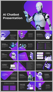 Slide deck with dark background and purple accents, featuring robot illustrations and AI chatbot concepts.