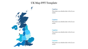 UK map in varying shades of blue and four captions arranged vertically on the right, on a white background.