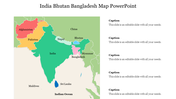 Color-coded map highlighting India, Bhutan, Bangladesh, and surrounding countries with five caption areas.