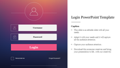 Login template with a gradient background, fields for username, password, and a pink button.