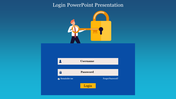 Blue themed login page with fields for username and password, below an illustration of a person unlocking a yellow padlock.