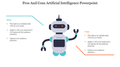 Illustration of a robot at the center with teal and orange lines divide the slide for pros and cons placeholder text.