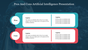 Pros and cons table for an artificial intelligence presentation, with blue and red colors featuring two sections with captions.