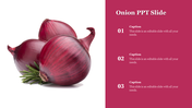 Three red onions with rosemary on left, pink panel with three numbered captions on right.