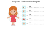 Body parts slide for kids, featuring a cartoon girl and labeled sensory parts like eyes, ears, nose, mouth, and hands.