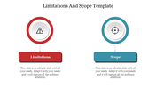 Slide displaying a comparison between limitations and scope, with icons representing each section with placeholder text.