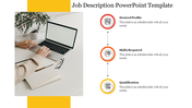 Job description slide showing icons of desired profile, skills required, and qualifications with a laptop workspace image.