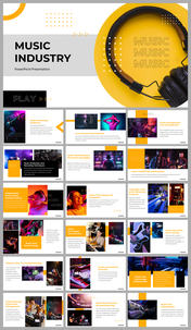 Slide deck with a music industry theme, including images of artists, concerts, and text with vibrant yellow backdrop.