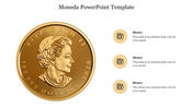 Gold coin PowerPoint template featuring Queen Elizabeth I alongside icons and placeholder text.