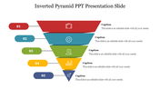 An inverted pyramid with five colored layers in red, teal, green, yellow, and blue, each with icons and numbered labels.