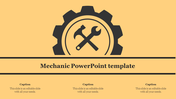 Black gear icon with crossed tools on a yellow background, with text and captions below for a mechanic themed template.