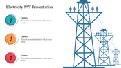 Illustration of electrical transmission towers, with three colorful circular icons in blue, orange, and red.