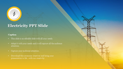 Electricity slide featuring power lines against a gradient sky background, and icon with text captions.