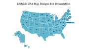 USA map design slide featuring a light blue color scheme, displaying all 50 states and washington D.C.