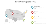 Slide showing a gray map of the USA with colored markers for four cities, each matched with a text on the right.