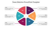 Circular segmented diagram with six colored  sections with a title for name selection with text boxes.