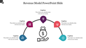 Revenue slide with a semi circle of five colored icons with a central hand holding a dollar sign, each with captions.