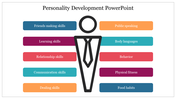 Personality development slide with a central figure icon, surrounded by colorful blocks representing various skills.