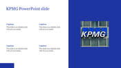 Slide with four text areas and KPMG building logo on the right, using a blue and white color scheme.