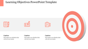 Learning objectives orange themed slide with three icons and captions aligned to a target graphic on the right side.