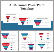 Three AIDA funnel presentation slides illustrating the funnel stages with varying color schemes and design layouts.