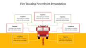 Fire training template featuring a fire truck illustration at the center with six caption boxes connected by dotted arrows.