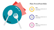 Illustration of a teal plate with a fork and spoon on red napkins, alongside three colored circular icons on the right.