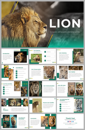 Slide deck featuring a lion image, with content on lion species, anatomy, and conservation, in green and yellow tones.