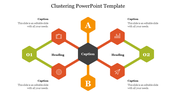 Clustering diagram with six hexagons connected to a central caption hexagon, labeled with icons, headings, and numbers.