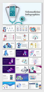 Telemedicine infographic slides featuring digital health icons, smartphone interfaces, and doctor-patient illustrations.