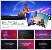 Collection of Disney-themed slides featuring a castle at night with motivational quotes in colourful backgrounds.