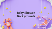 Adorable baby shower-themed slides with a purple background, featuring a toy bunny, baby items, and hanging stars.