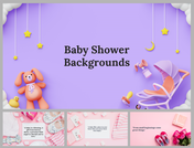 Adorable baby shower-themed slides with a purple background, featuring a toy bunny, baby items, and hanging stars.