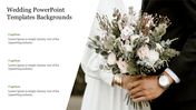 Wedding slide featuring a close up of a couple holding a floral bouquet, with space for captions on the left.