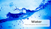 Slide deck with different water themed backgrounds in blue, featuring splashes, waves, and bubbles, with quotes.