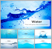 Slide deck with different water themed backgrounds in blue, featuring splashes, waves, and bubbles, with quotes.