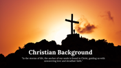 A pack of Christian-themed PPT backgrounds featuring a cross at sunset with quotes about faith and redemption.